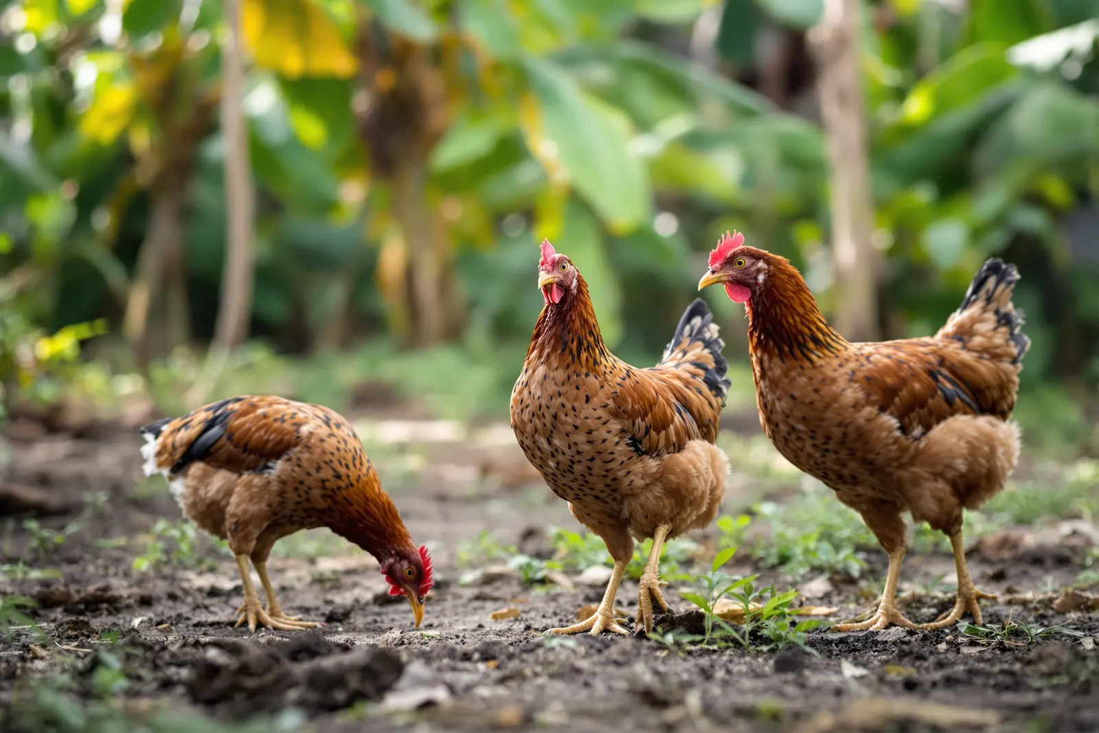 Tatlong native na inahin na naghahanap ng pagkain sa lupa