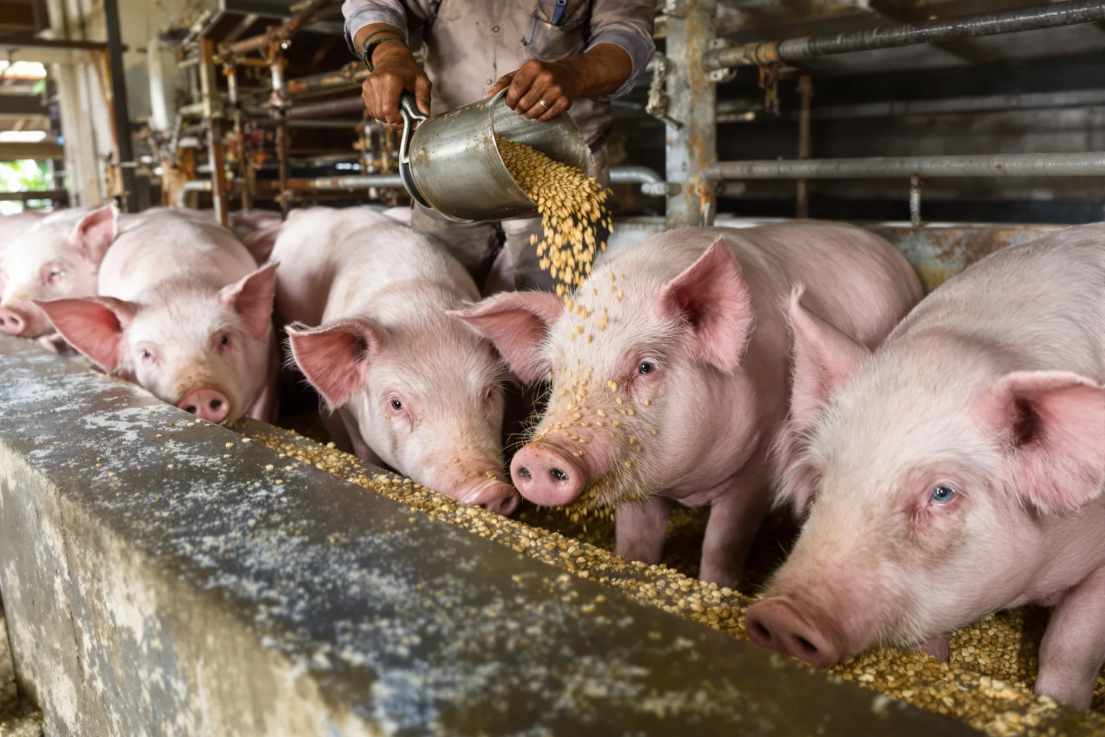 A worker’s hands pouring feed into a trough as growing pigs eat