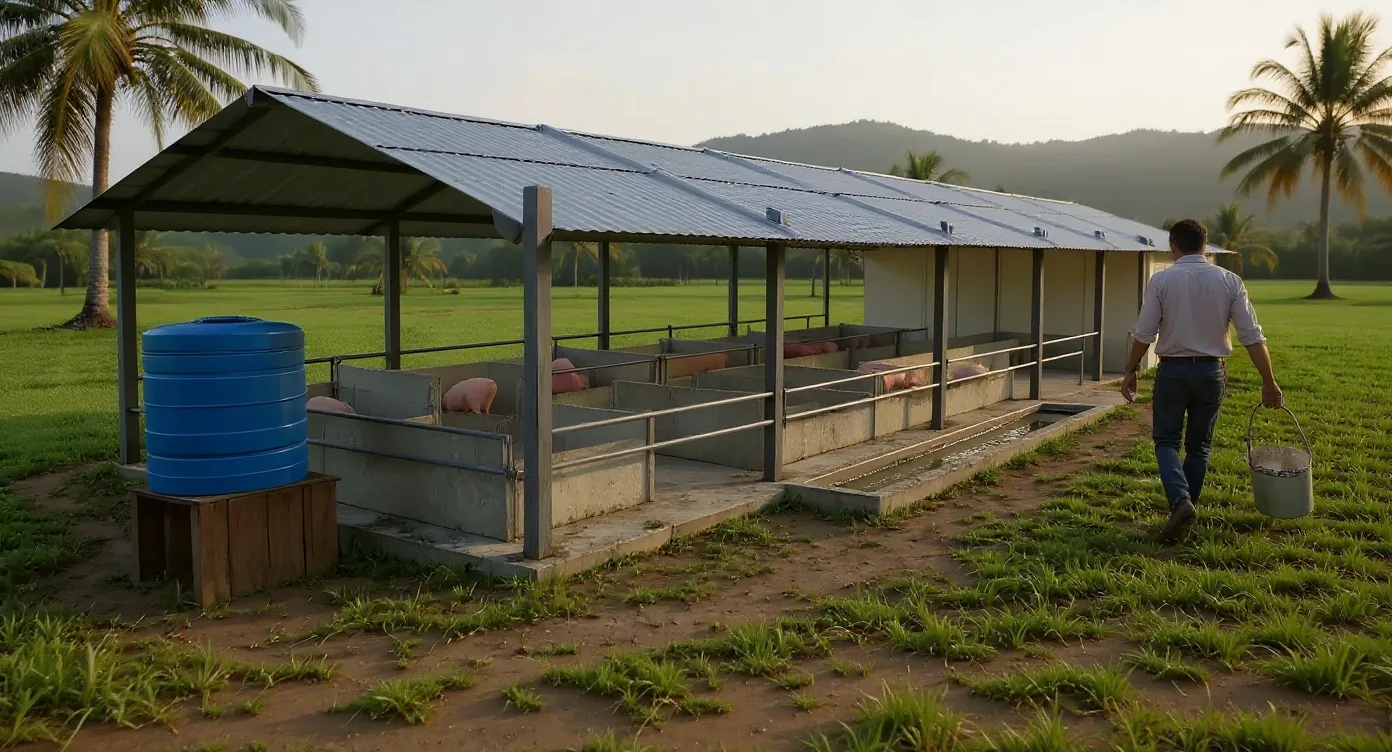 Open-sided pig house with concrete pens and a water channel, a worker carrying a feed bucket