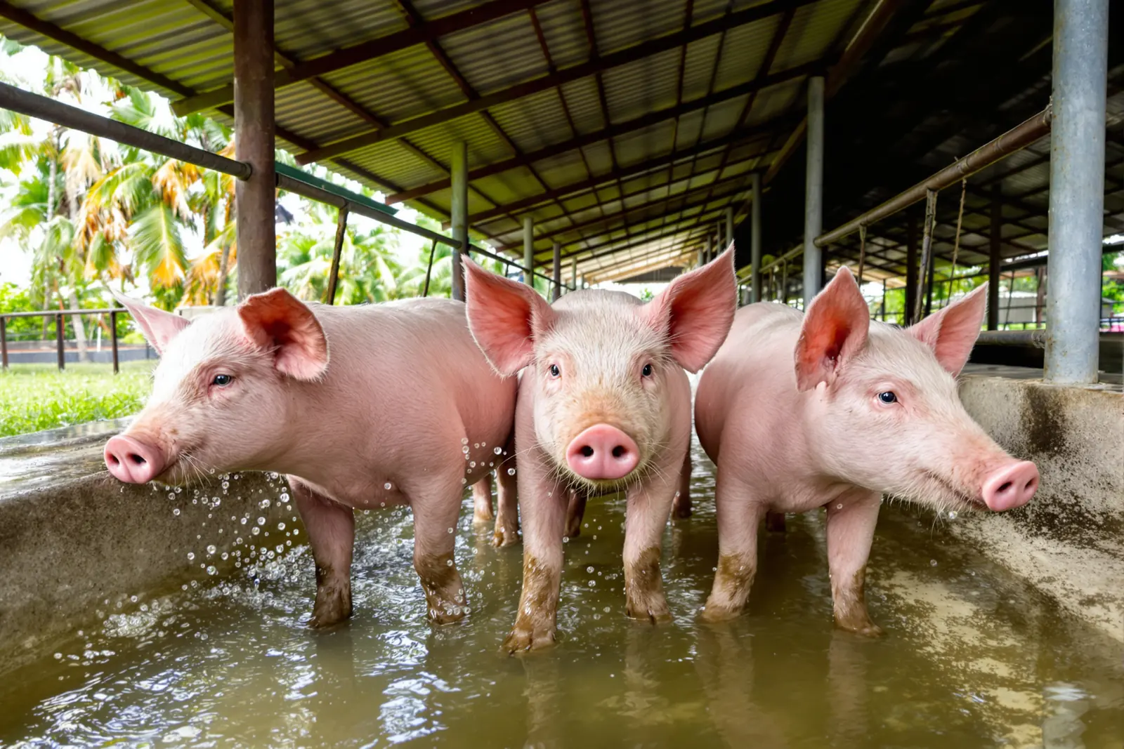 Three young pigs standing in a shallow concrete water channel to cool off